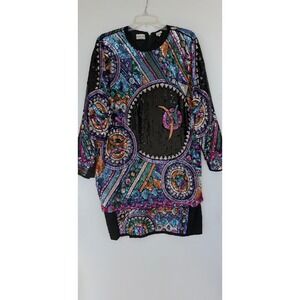 Judith Ann Creations Vintage Sequin Wearable Art Deco Mini Statement Dress Silk